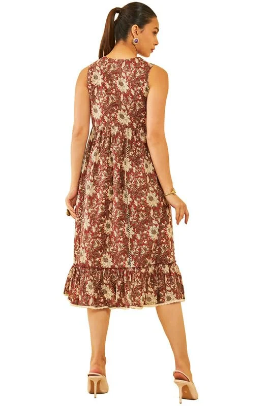 Soch Womens Maroon Cotton Floral Print Dress