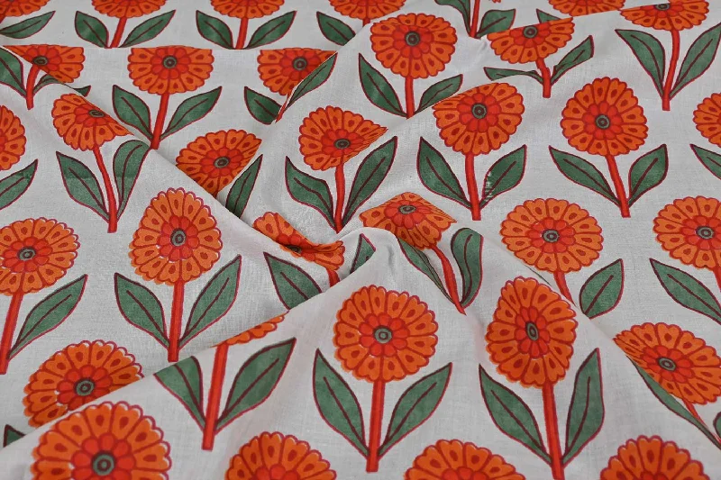 White and Orange Floral Cotton Cambric Fabric