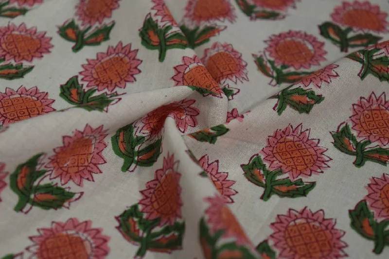 White and Peach Floral Cotton Cambric Fabric