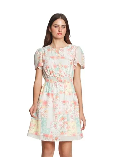 Zink London Women's White Floral Printed Flared Short Dress