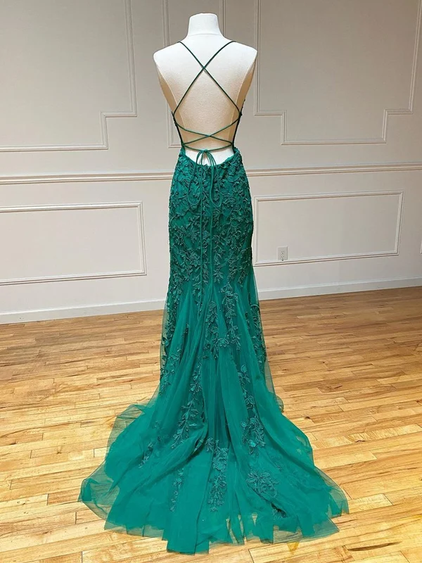 Backless Green Lace Mermaid Prom Dresses, Open Back Mermaid Lace Formal Evening Dresses