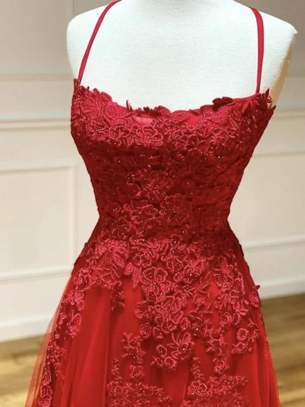 Backless Red Lace Prom Dresses, Open Back Red Lace Formal Evening Dresses