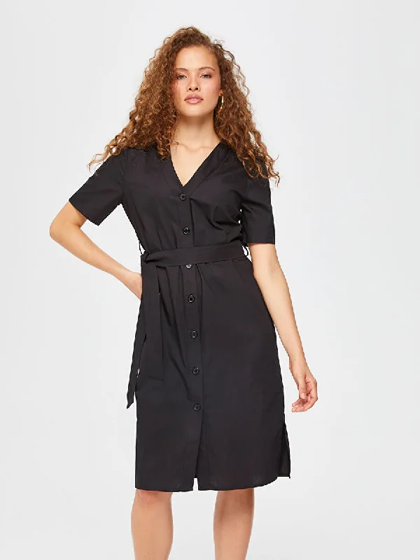 Black Short Sleeve V-neck Poplin Shirt Dress 67217