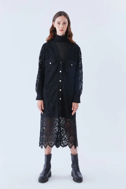 Button Detailed Lace Casual Dress Black