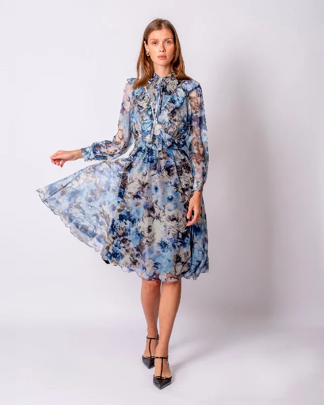 Chiffon Dress with Lined Belted Chiffon Laced Collar Blue