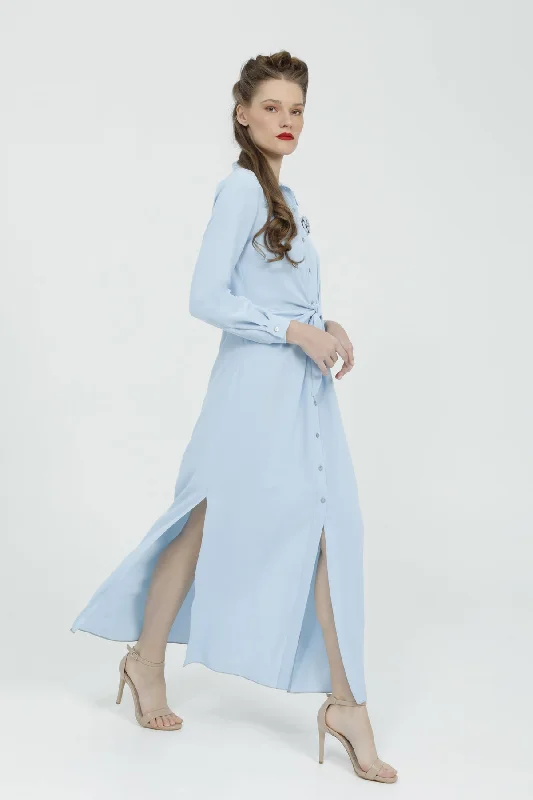 Flower Brooch Detailed Blue Shirt Dress with Belt