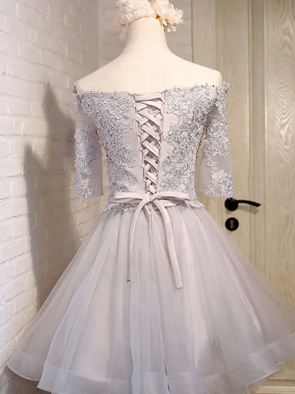 Half Sleeves Short Gray/Blue Lace Prom Dresses, Short Gray/Blue Lace Homecoming Bridesmaid Dresses