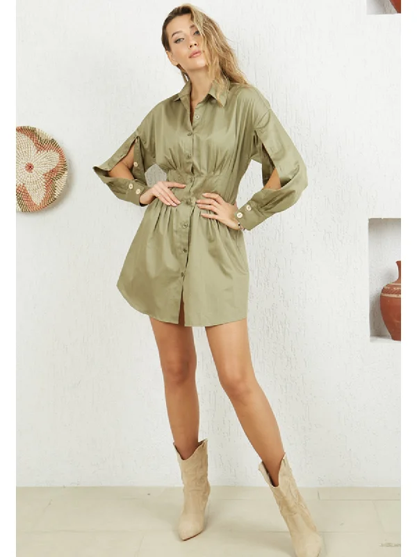 Lucia Button Detailed Green Shirt Dress