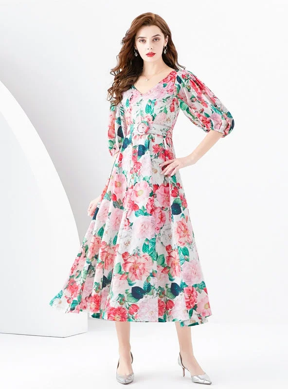 Palace Bubble Sleeve Print Long Dress