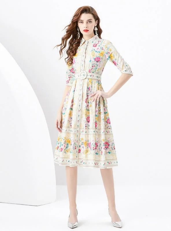 Retro Palace Short Sleeve Lapel Printed Dress