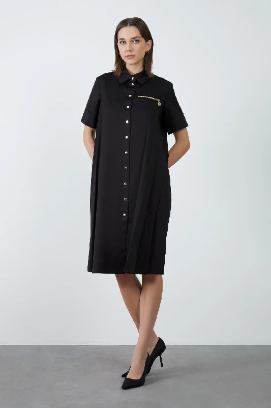 Shirt Collar Double Sleeve Black Cotton Dress