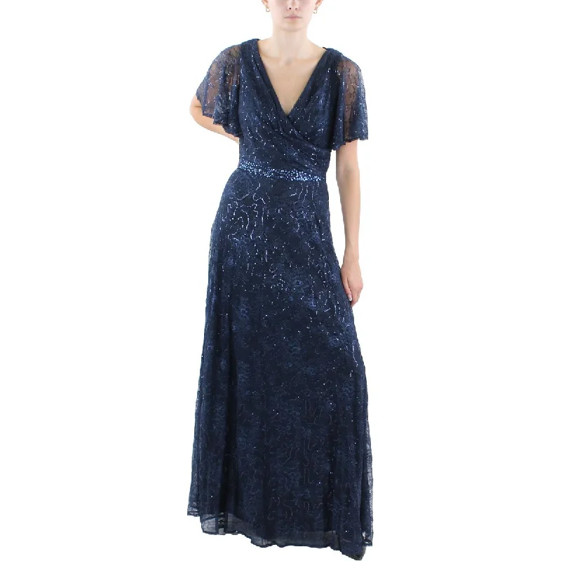 B&A by Betsy and Adam Womens Sequined Lace Evening Dress