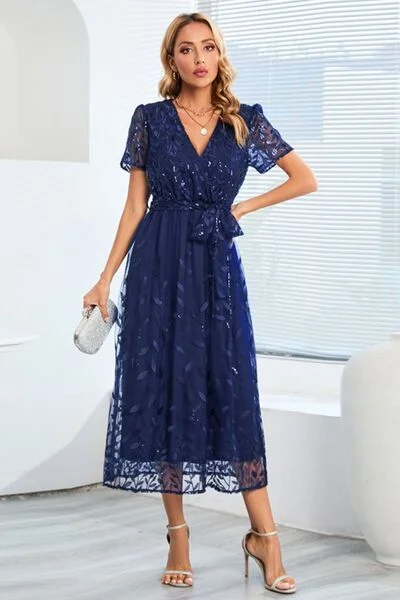 Blue Zone Planet |  Sequin Leaf Embroidery Tie Front Short Sleeve Dress