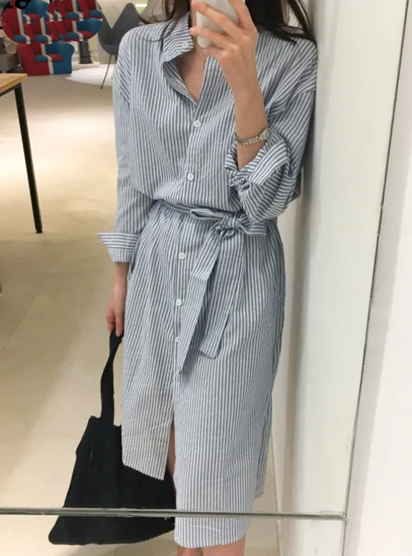 Casual Striped Shirt Dress Cotton and Linen Lace Up Single