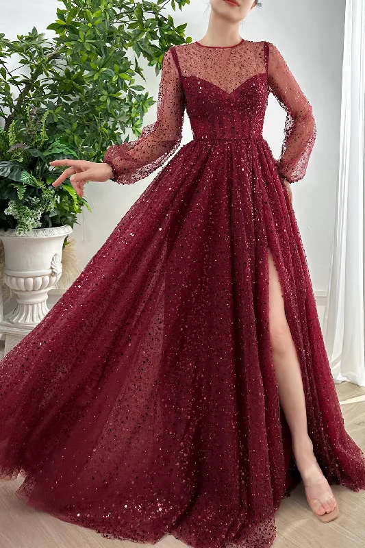 Corset Long Sleeves O Neck Sequin Burgundy Dress with Slit