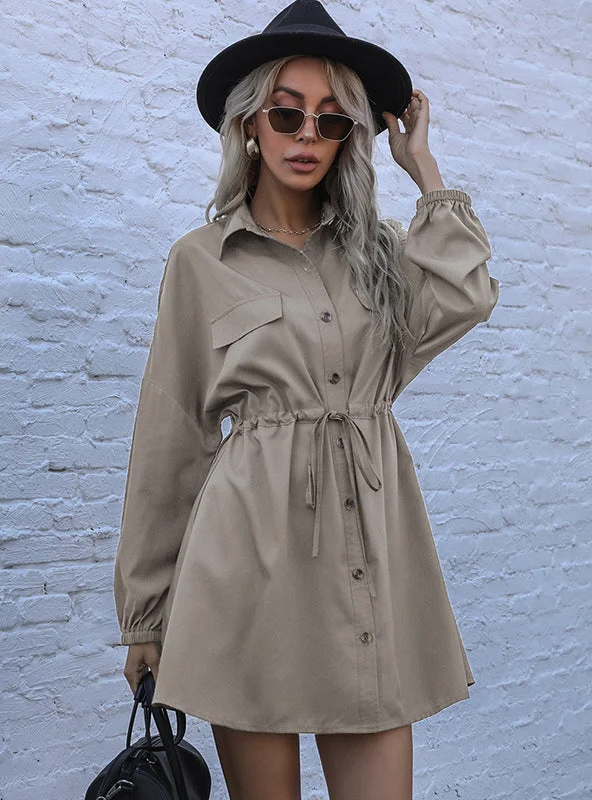 Lapel Casual Solid Color Cardigan Shirt Dress