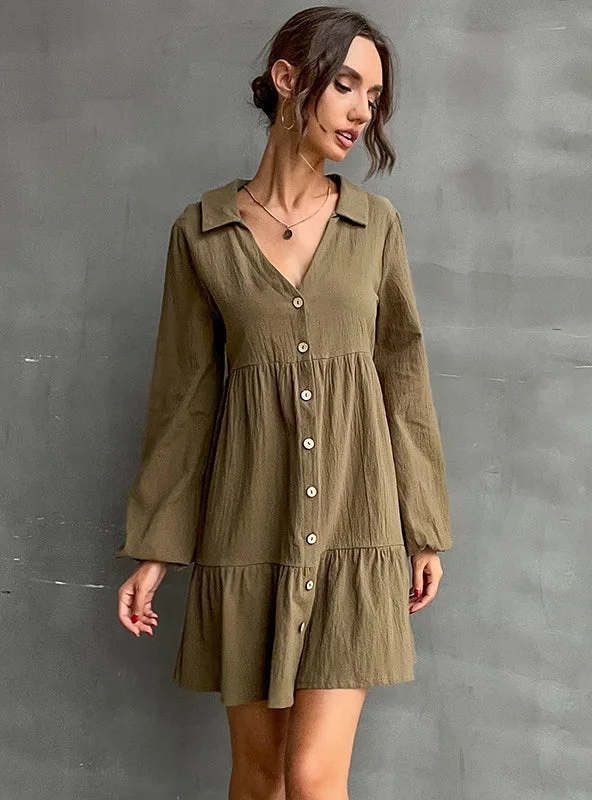 Lapel Long Sleeve Button Shirt Dress