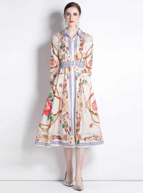 Lapel Slim Fit Mid-length Printed Shirt Dress