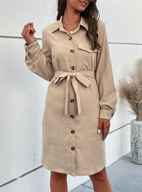 Long Sleeve Shirt Solid Color Retro Corduroy Dress