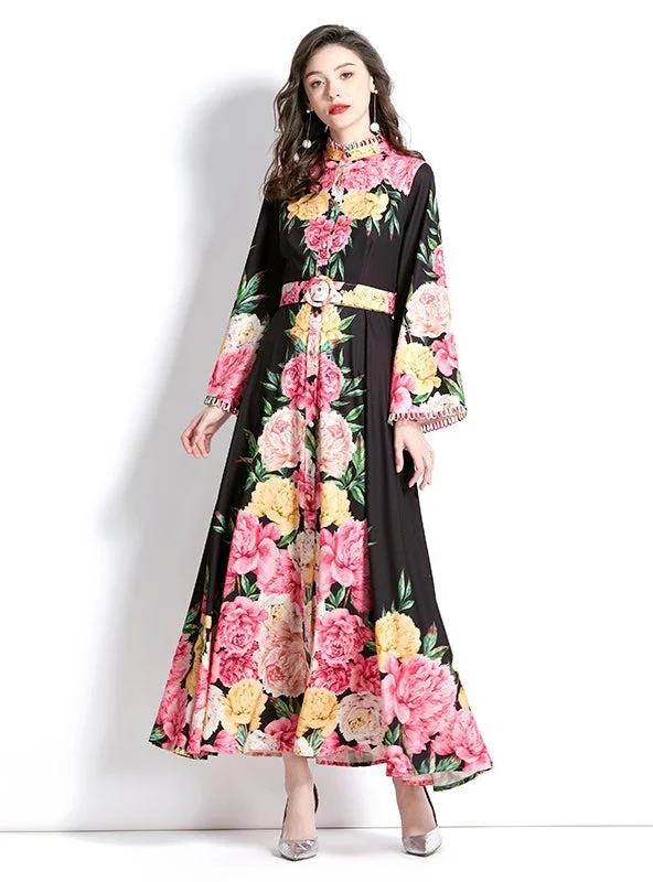 Long-sleeved Palace Horn Sleeve Print Dress