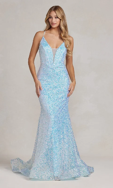 Corset-Back Deep V-Neck Long Sequin Prom Dress