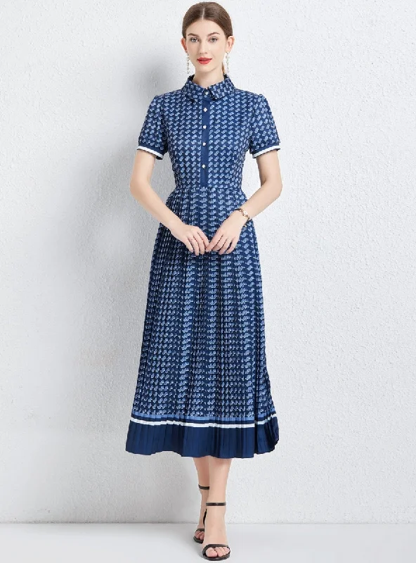 Pleated Shirt Collar Short Sleeve Dress