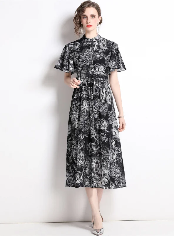 Printed Shirt Lapel Short Sleeve Slim Dress