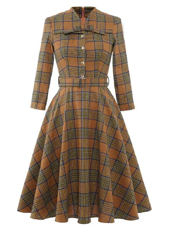 Retro Lace-up Plaid Bow Dress