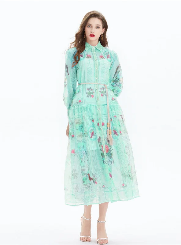 Retro Long Sleeve Lapel Printed Shirt Dress