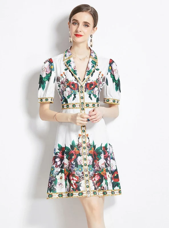 Retro Printed Short-sleeved Shirt Dress