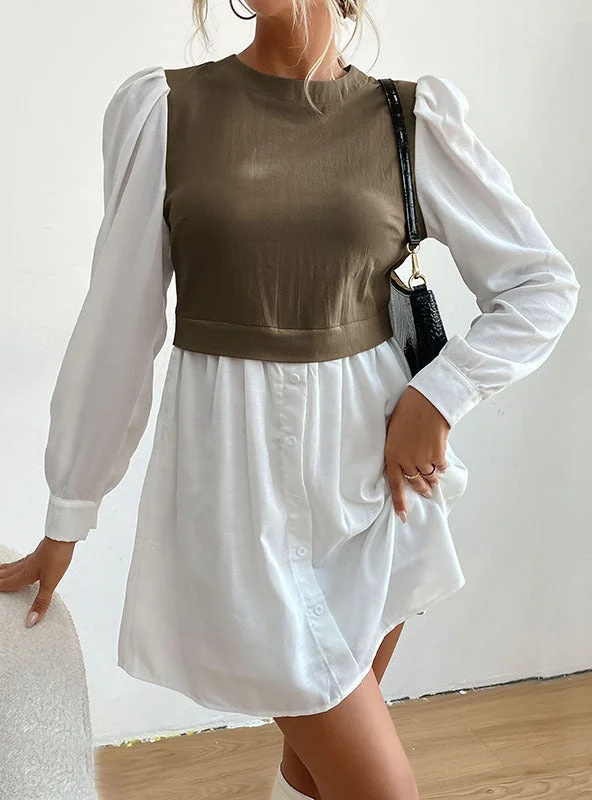 Round Neck Bubble Sleeve Stitching Shirt Dress