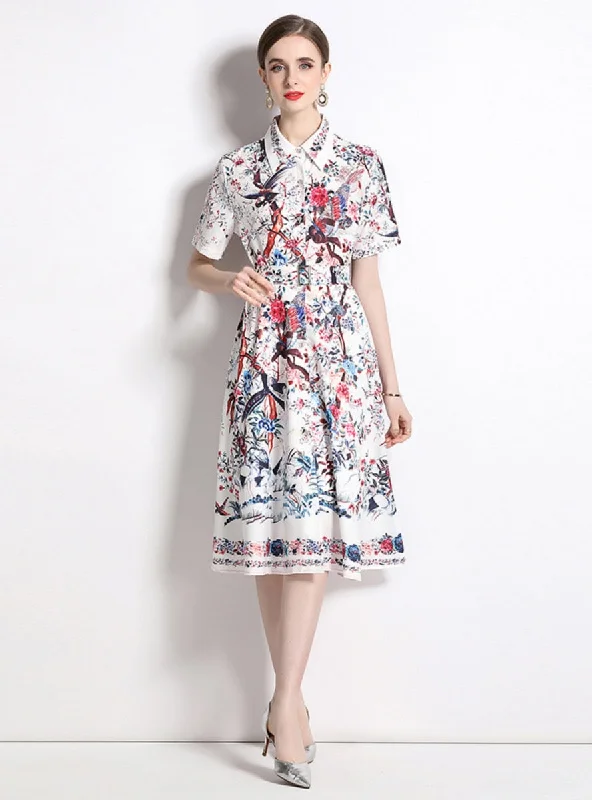 Shirt Lapel Short Sleeve Printed Big Swing Dress