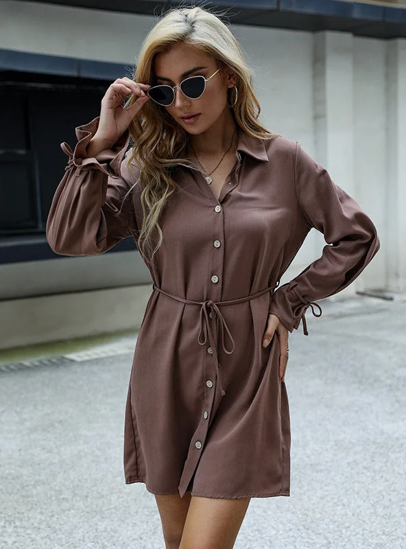 Solid Color Lapel Long Sleeve Shirt Dress