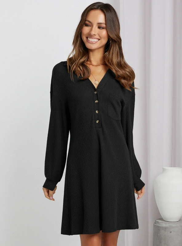 Waffle Shirt V-neck Loose Dress