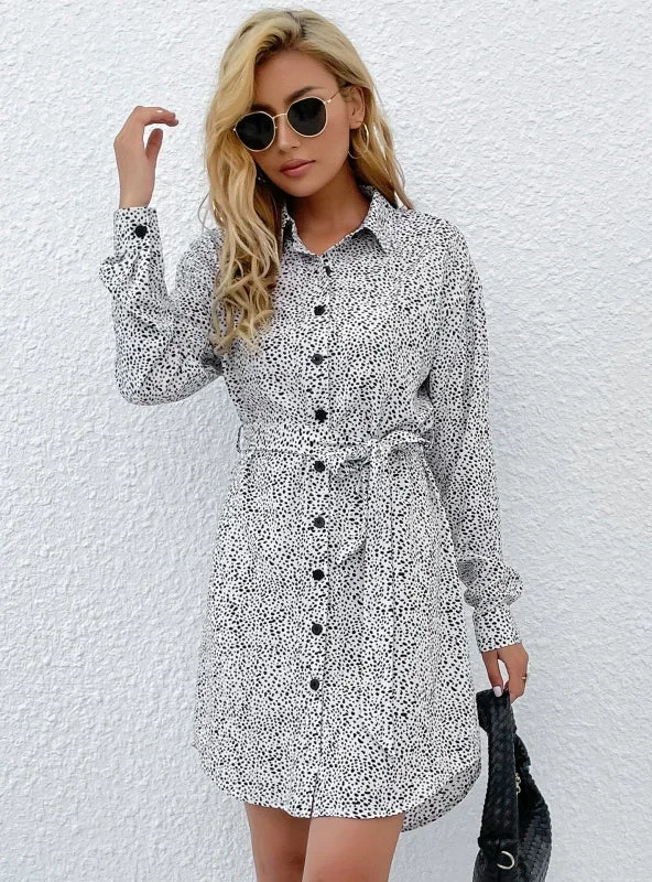 White Lapel Print Shirt Dress