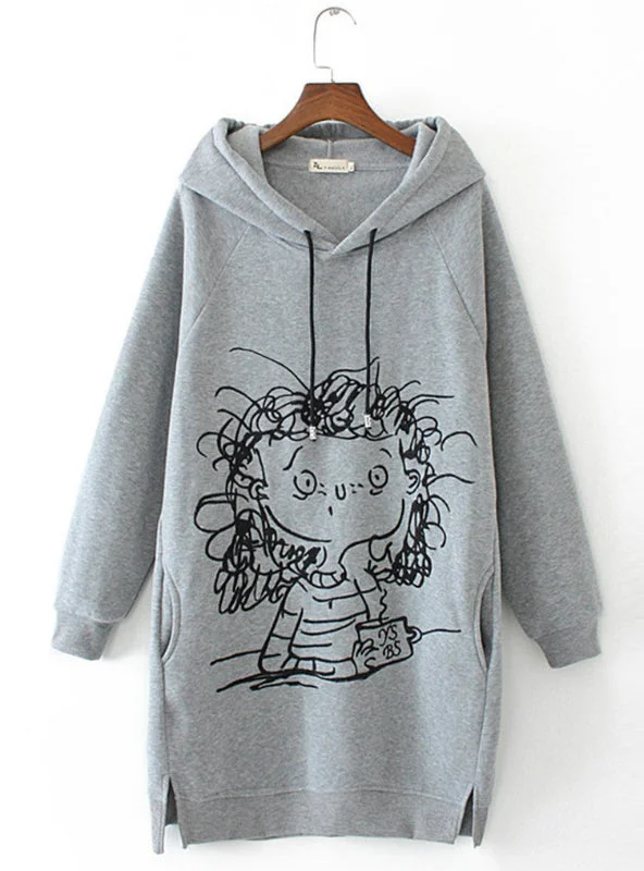 Women Long Hoodie Sweatshirt Pullover Cartoon Dress