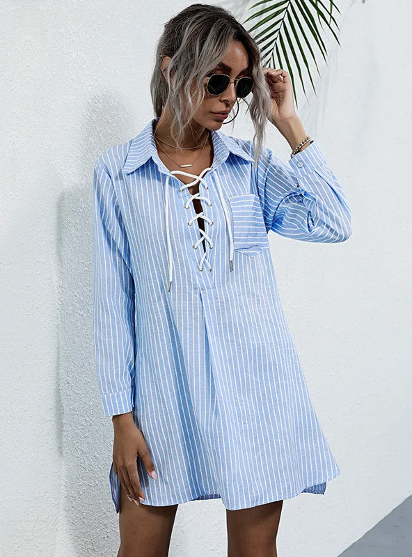 Women Striped Long-sleeved Shirt Dress