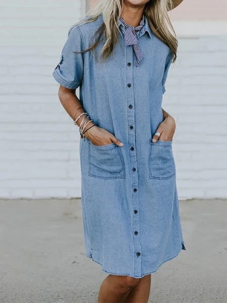 Women's Dresses Lapel Button Pocket Denim Shirt Dress